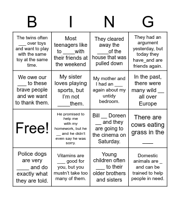 Close Up B1 Unit 4 Bingo Card