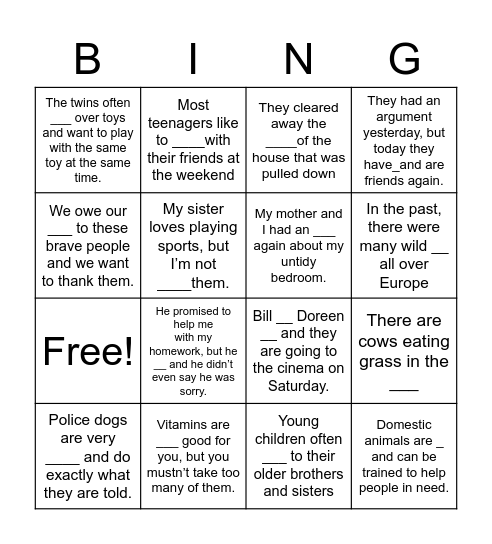 Close Up B1 Unit 4 Bingo Card