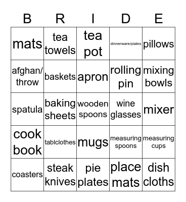 Bridal Shower Gift Bingo Card