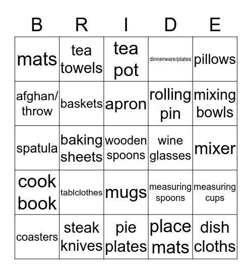 Bridal Shower Gift Bingo Card