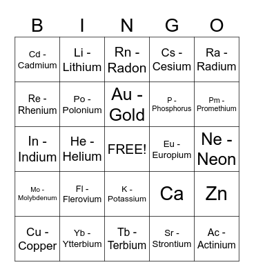 Elements of the Periodic Table Bingo Card