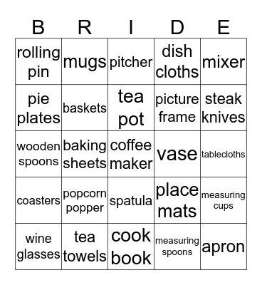 Bridal Shower Gift Bingo Card