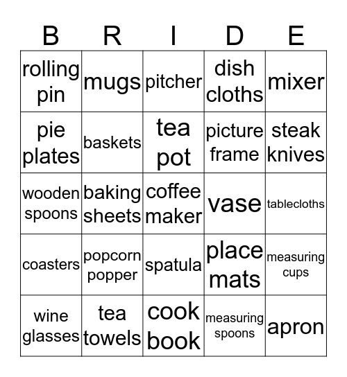 Bridal Shower Gift Bingo Card