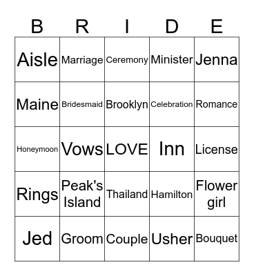 Jenna's Bridal Bingo Card