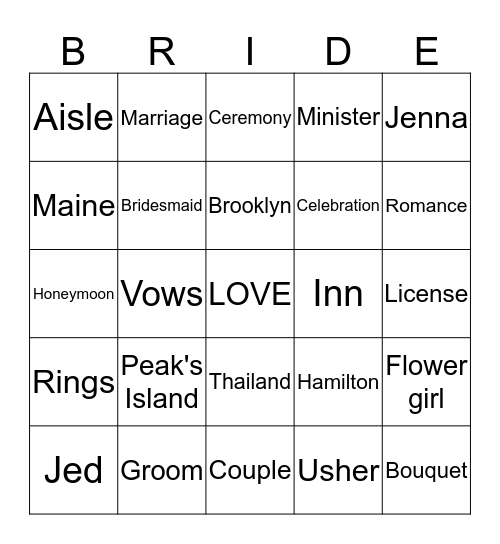 Jenna's Bridal Bingo Card