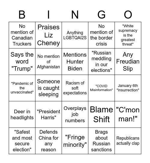 Biden State of the Union Bingo Card Bingo Card