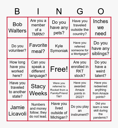 BINGO Building Relationships Bingo Card