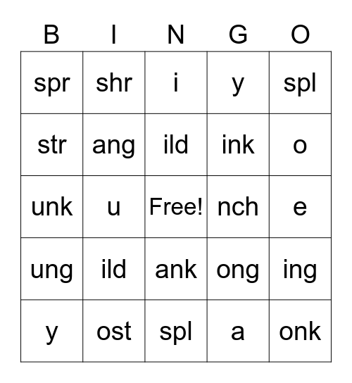 ild, ost, ind, ild, y, spl, spr, str, Bingo Card