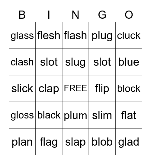 /l/ blend words Bingo Card