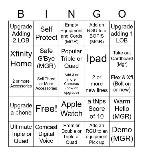 Xfinity BINGO! Bingo Card