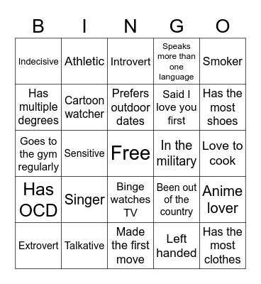 Relationship Bingo Card