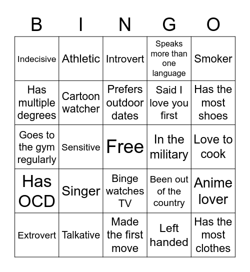 Relationship Bingo Card