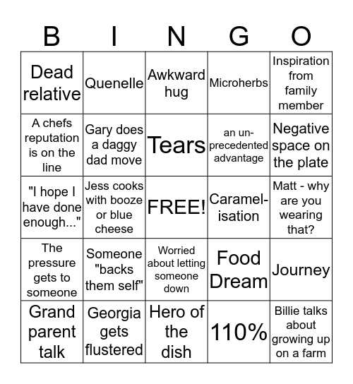 Masterchef Bingo Card