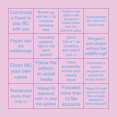 Romance Club Bingo Card