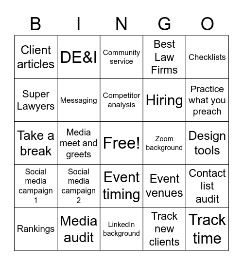 Legal marketing, BD & PR Bingo Card