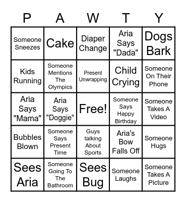 Aria's First Birthday Bingo Card