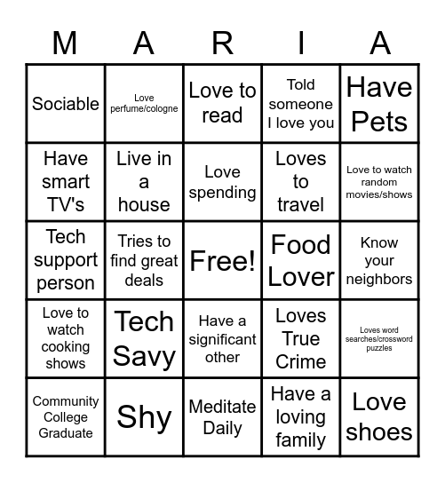 Maria Bingo Card