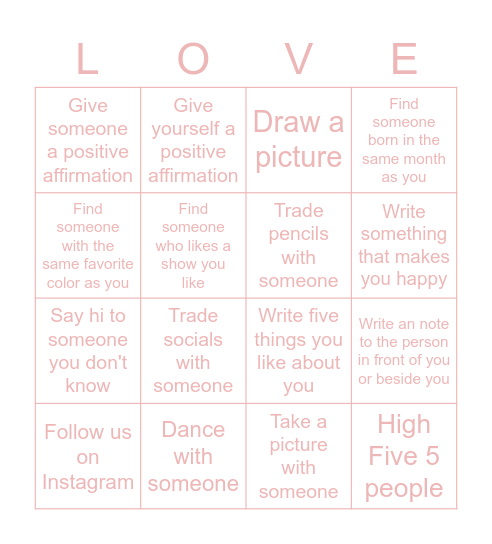 Self Love Bingo Card