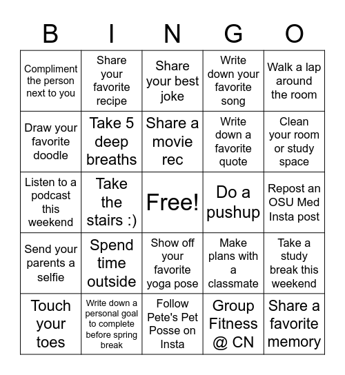 OSU Wellness Bingo Card