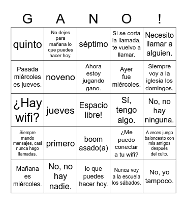 Spanish 2 Gano Bingo Card