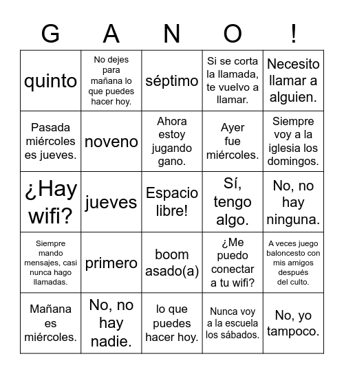 Spanish 2 Gano Bingo Card