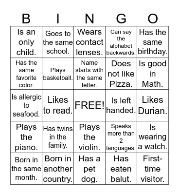 MCF Youth Acquaintance Party Bingo Card