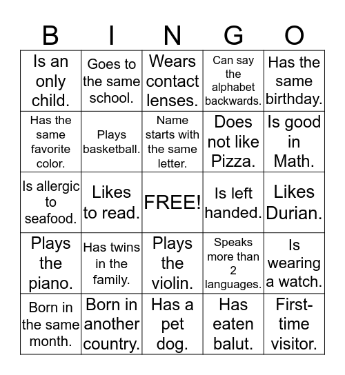 MCF Youth Acquaintance Party Bingo Card