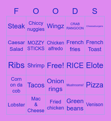Fav Foods Bingo Card