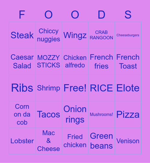 Fav Foods Bingo Card