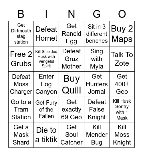 Hollow Knight Bingo Card