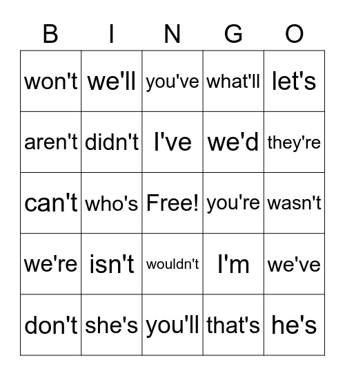 Contraction BINGO Card