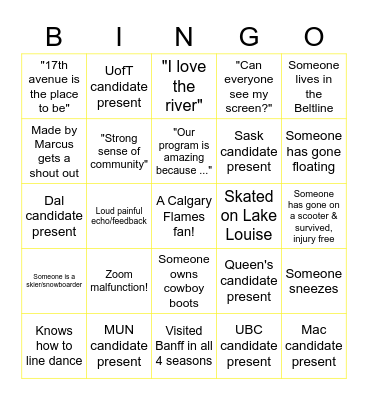 Calgary IMRP Social Bingo Card