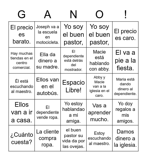 Spanish 1 Lesson 13 Bingo Card