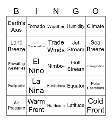 Weather Vocabulary Bingo Card