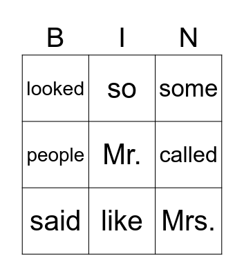 Tricky Word Bingo Card