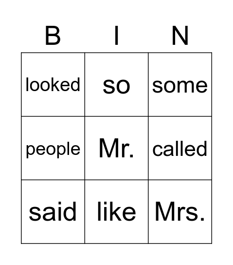 Tricky Word Bingo Card