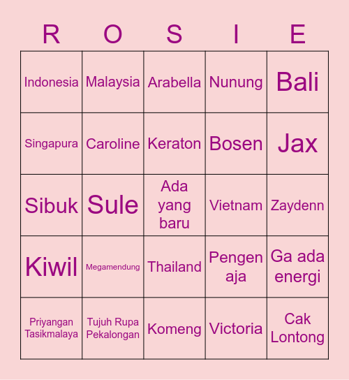 Rosie's Bingo Card