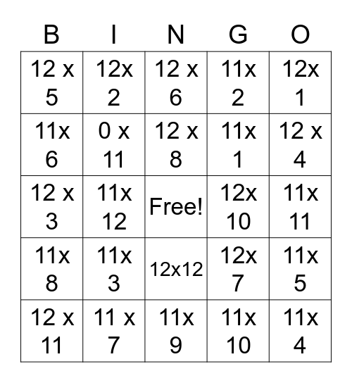 11's and 12's Multiplication Bingo Card