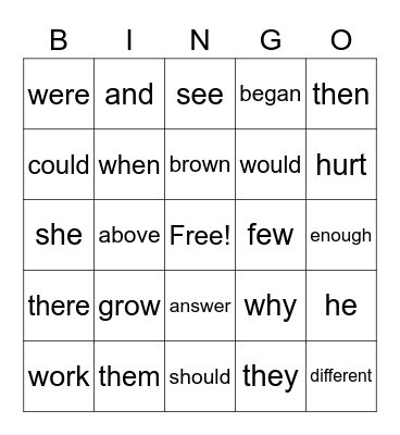 High Frequency Words 2nd grade Bingo Card