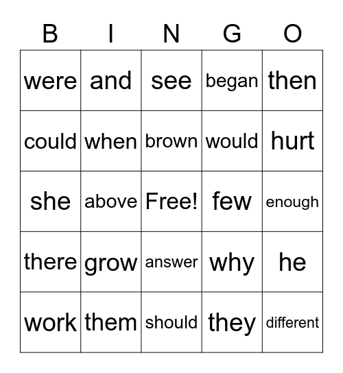 High Frequency Words 2nd grade Bingo Card