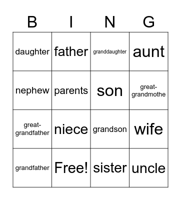 Family Bingo Card