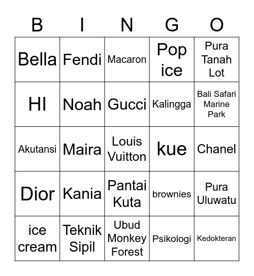 Kanyaka Bingo Card