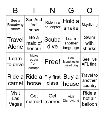 Kate's bucket list Bingo Card