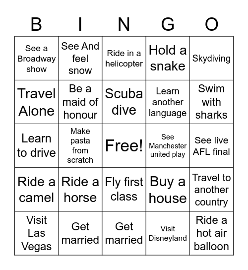 Kate's bucket list Bingo Card