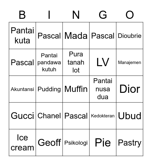 Dehan Bingo Card