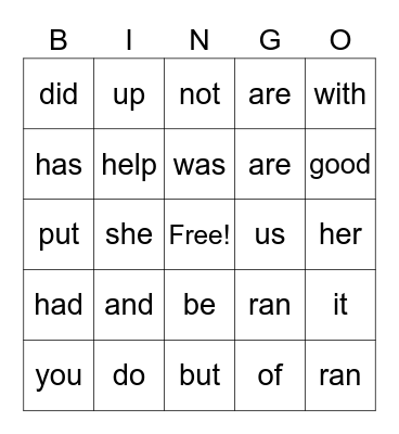 sight words Bingo Card