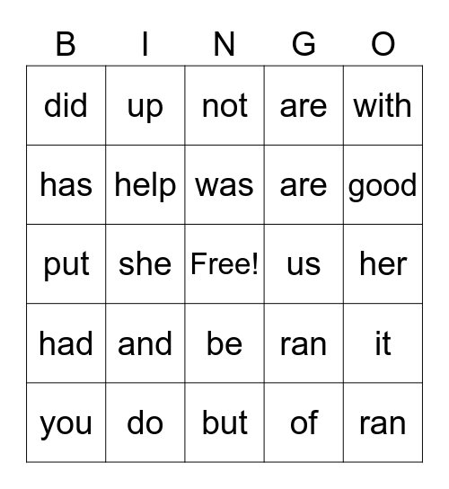 sight words Bingo Card