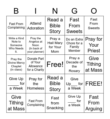 Three Pillars of Lent Bingo Card