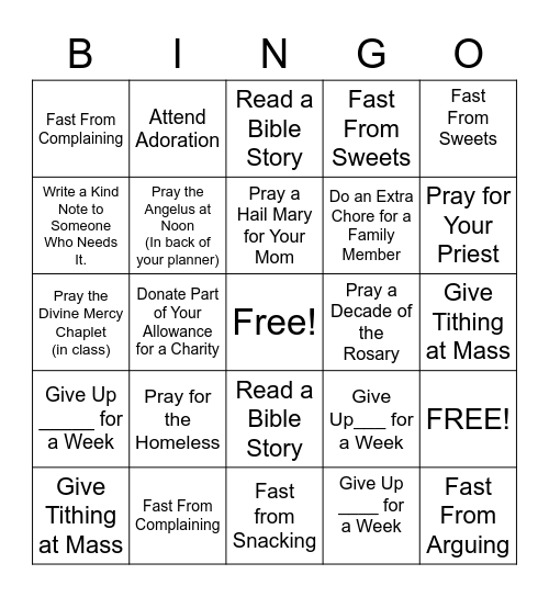 Three Pillars of Lent Bingo Card