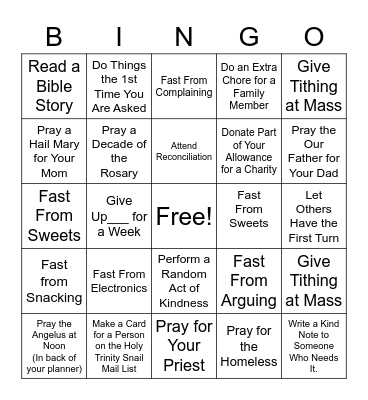 Three Pillars of Lent Bingo Card